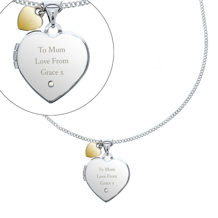 Engraved Silver Heart Locket with Gold Charm and Diamond