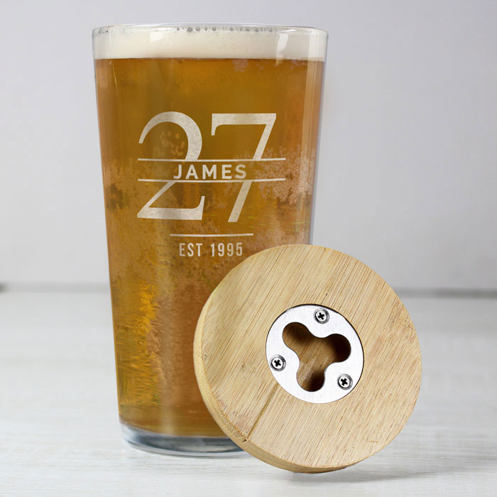 Personalised Age Bamboo Bottle Opener Coaster & Pint Glass