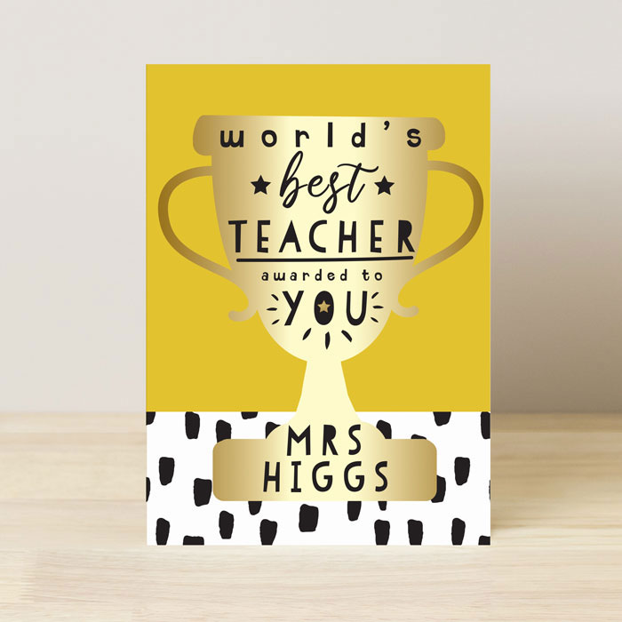 Personalised Worlds Best Teacher Trophy Greeting Card