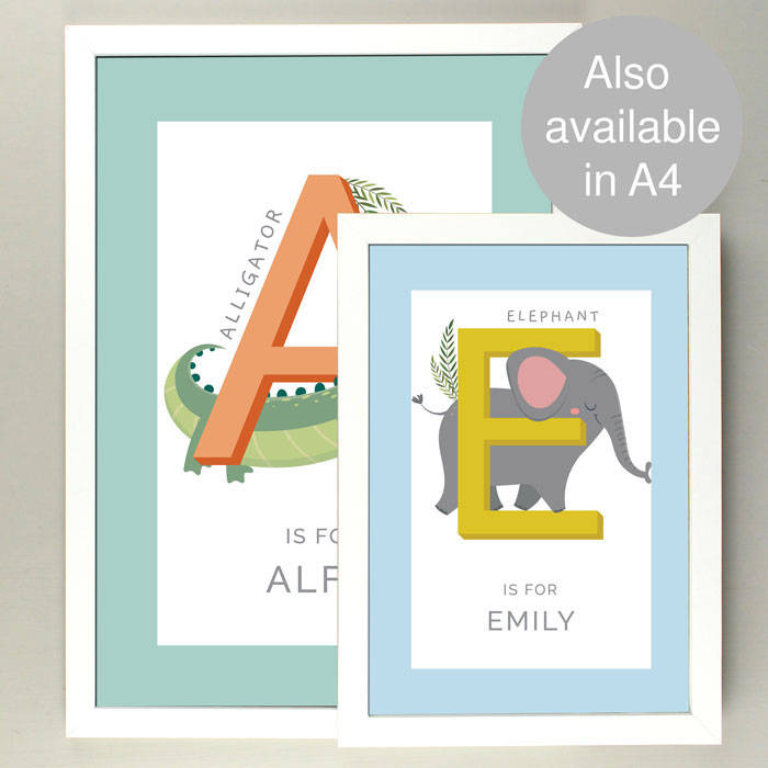 Personalised Animal Alphabet A3 White Framed Print