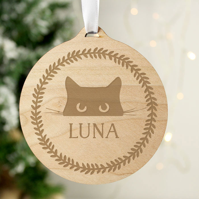 Personalised Cat Round Wooden Memorial Tree Decoration