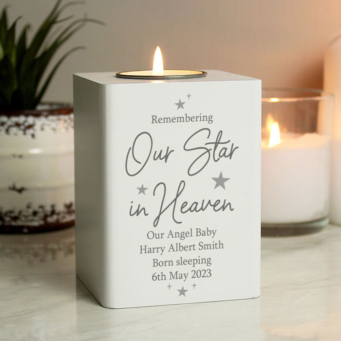 Personalised Our Star In Heaven White Wooden Tealight Holder