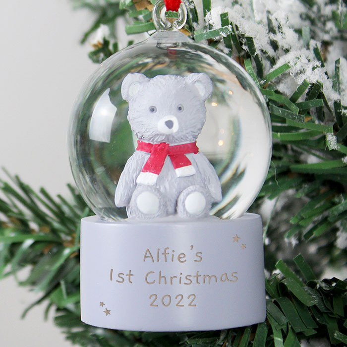 Personalised Teddy Bear Glitter Snow Globe Christmas Bauble