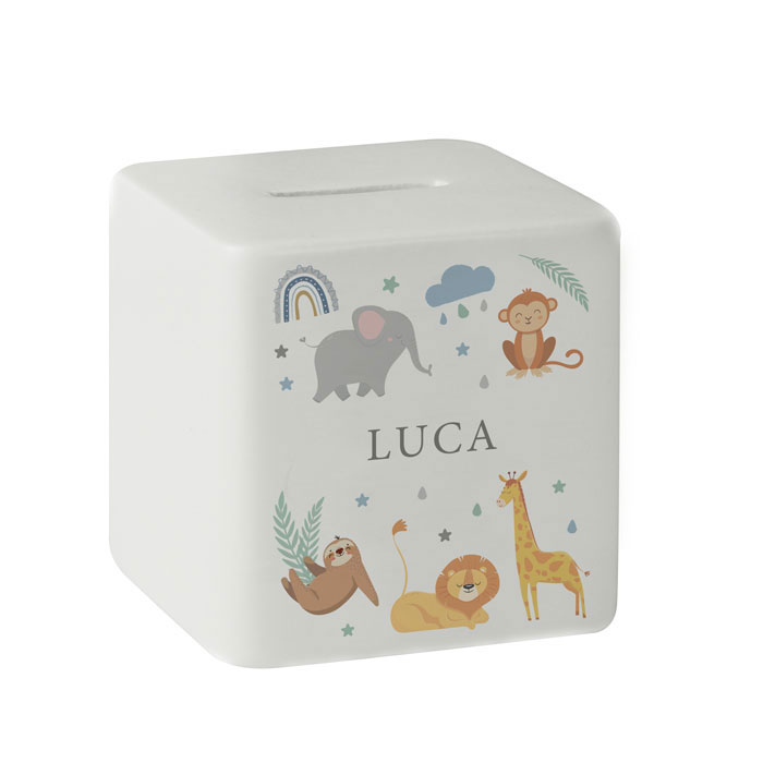 Personalised Safari Animals Ceramic Square Money Box