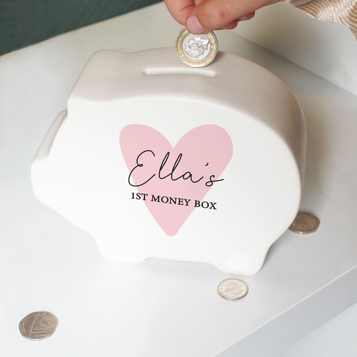 Personalised Pink Heart White Ceramic Piggy Bank Money Box