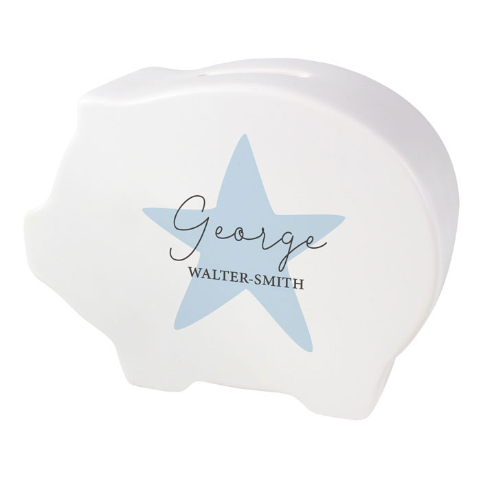 Personalised Blue Star White Ceramic Piggy Bank Money Box
