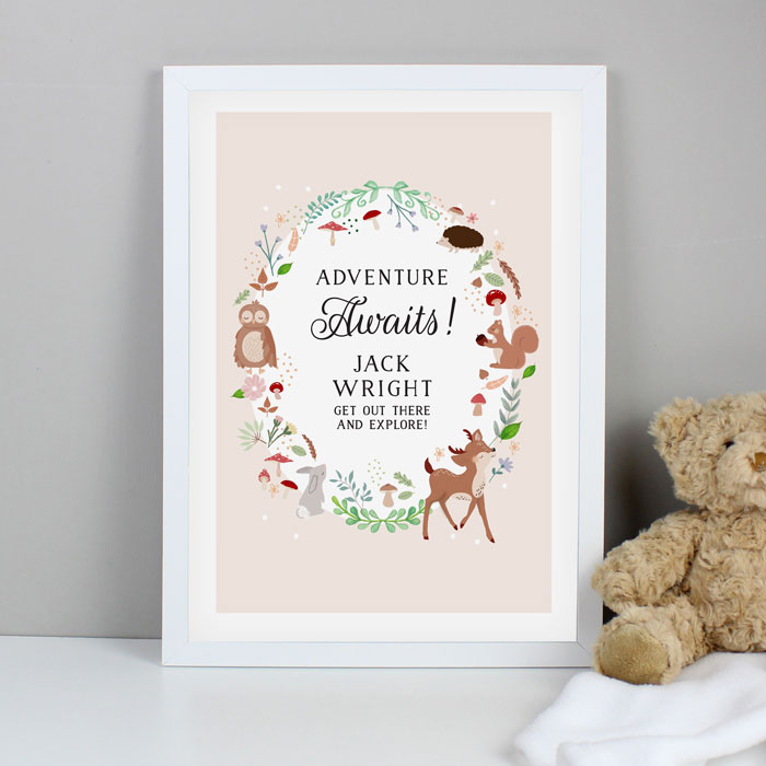 Personalised Woodland Animals A3 White Framed Baby Print