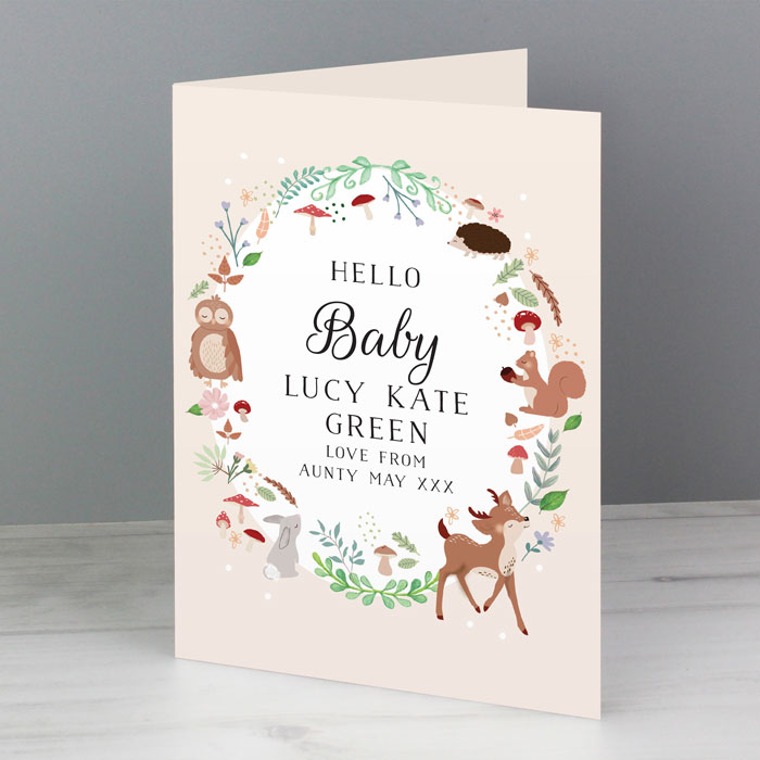 Personalised Woodland Animals New Baby or Christening Card