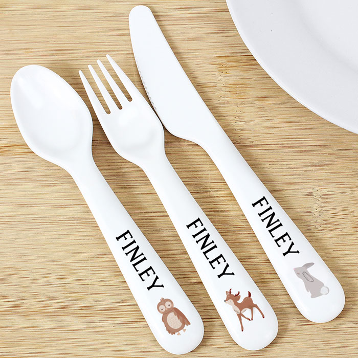 Personalised Woodland Animals Plastic Cutlery Set