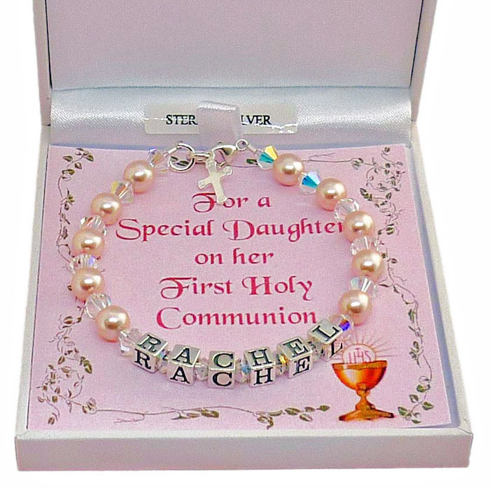 Personalised Silver & Pink Pearls Communion Name Bracelet