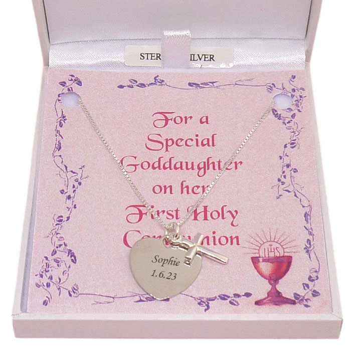 Personalised Silver Heart & Cross Communion Necklace 16 Inch