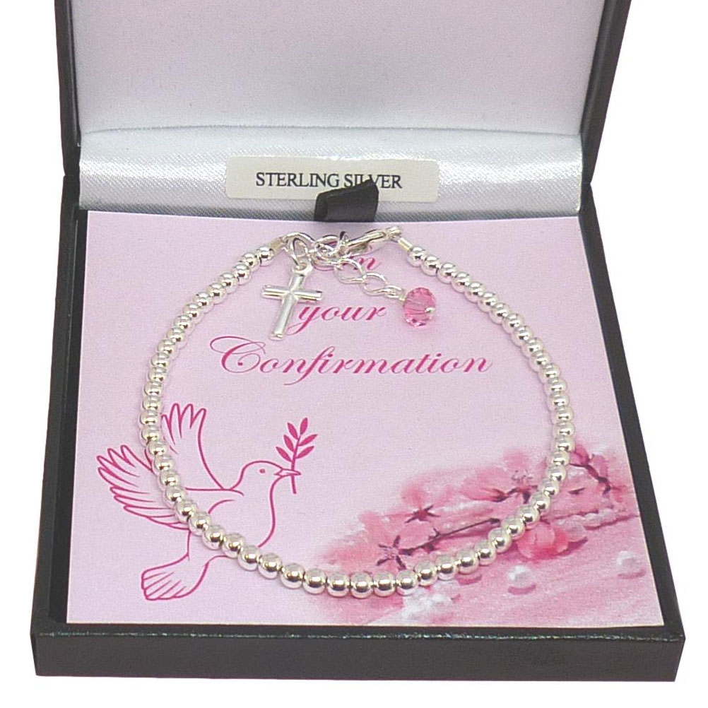 Sterling Silver Confirmation Bracelet With Pink Crystal