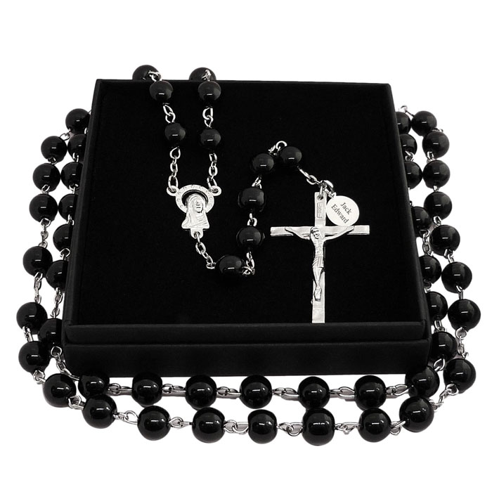Black Glass Pearl Rosary With Personalised Silver Tag