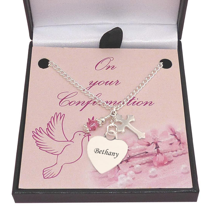 Engraved Confirmation Necklace With Cross & Pink Crystal