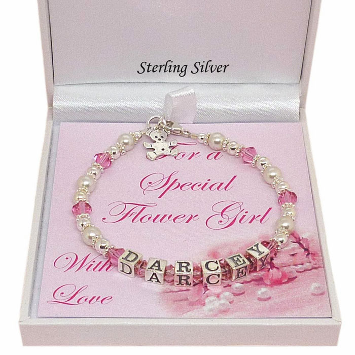 Personalised Silver & Pink Crystal Flower Girl Name Bracelet
