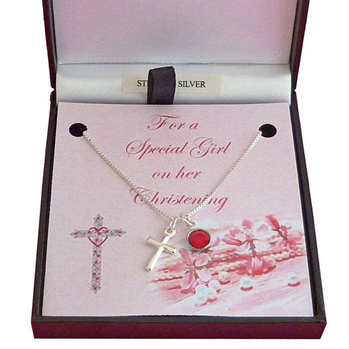 Girls Silver Cross & Birthstone Christening Necklace