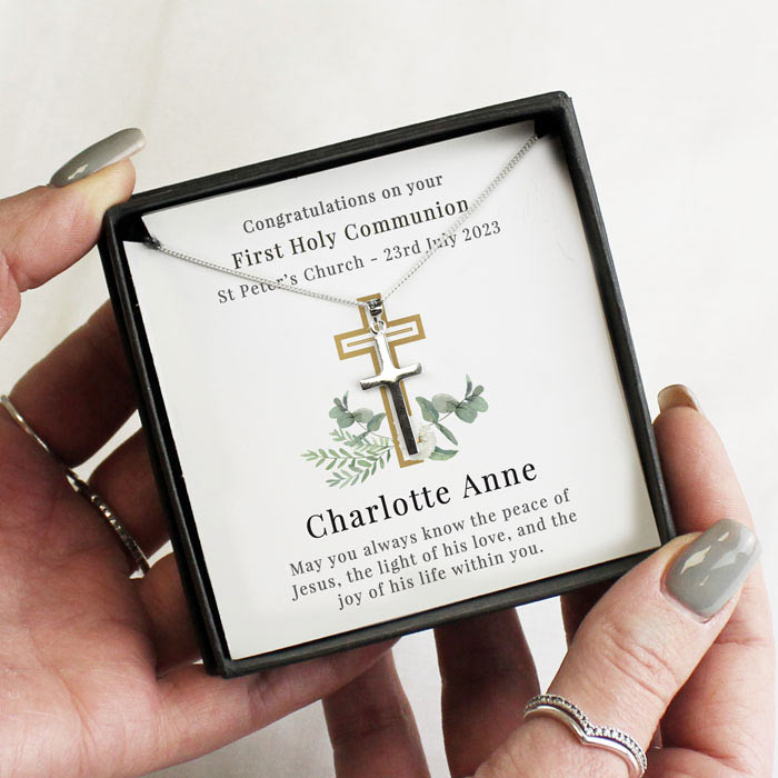 Personalised Floral Sentiment Silver Cross Necklace and Box