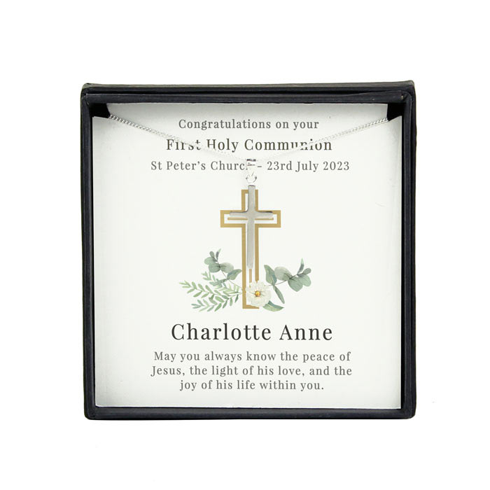 Personalised Floral Sentiment Silver Cross Necklace and Box