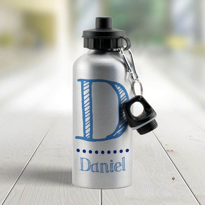 Personalised Blue Name Initial Silver Drinks Bottle