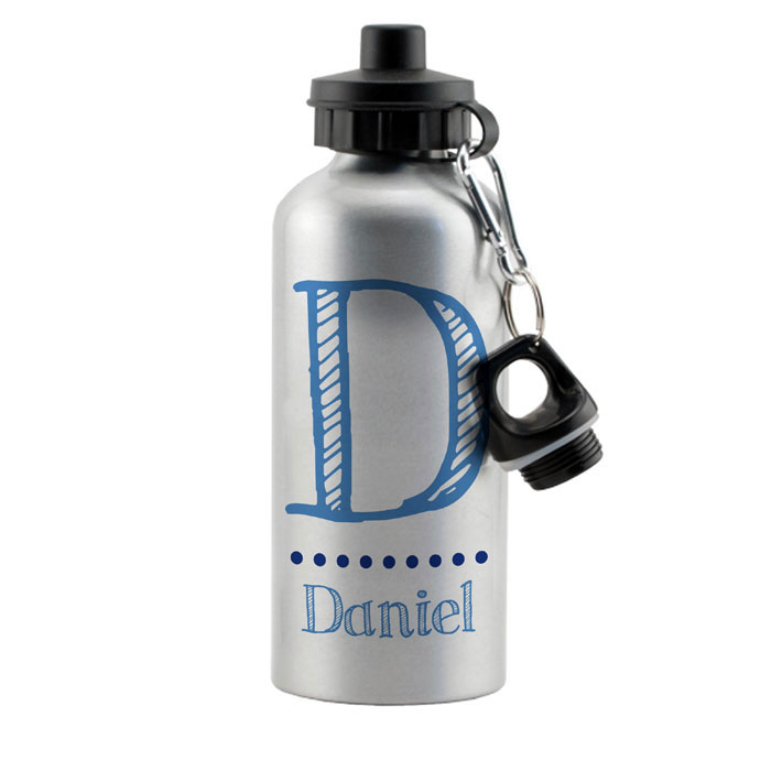 Personalised Blue Name Initial Silver Drinks Bottle