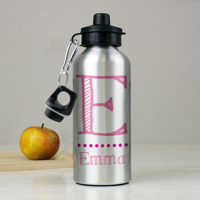 Personalised Pink Name Initial Silver Drinks Bottle