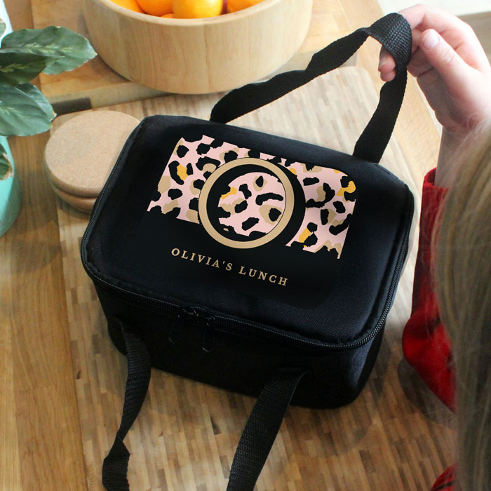 Personalised Leopard Print Black Lunch Bag