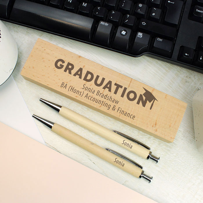 Personalised Graduation Mortar Wooden Pen and Pencil Set