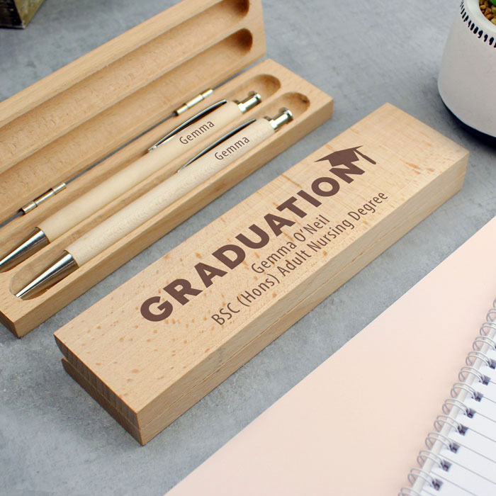 Personalised Graduation Mortar Wooden Pen and Pencil Set