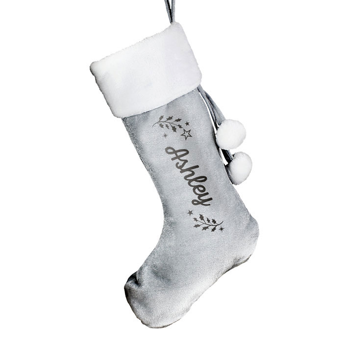 Personalised Holly Silver Christmas Stocking