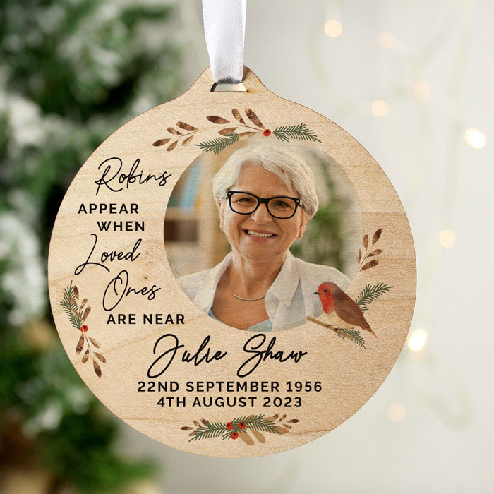 Personalised Photo Upload Robin Memorial Wooden Decoration