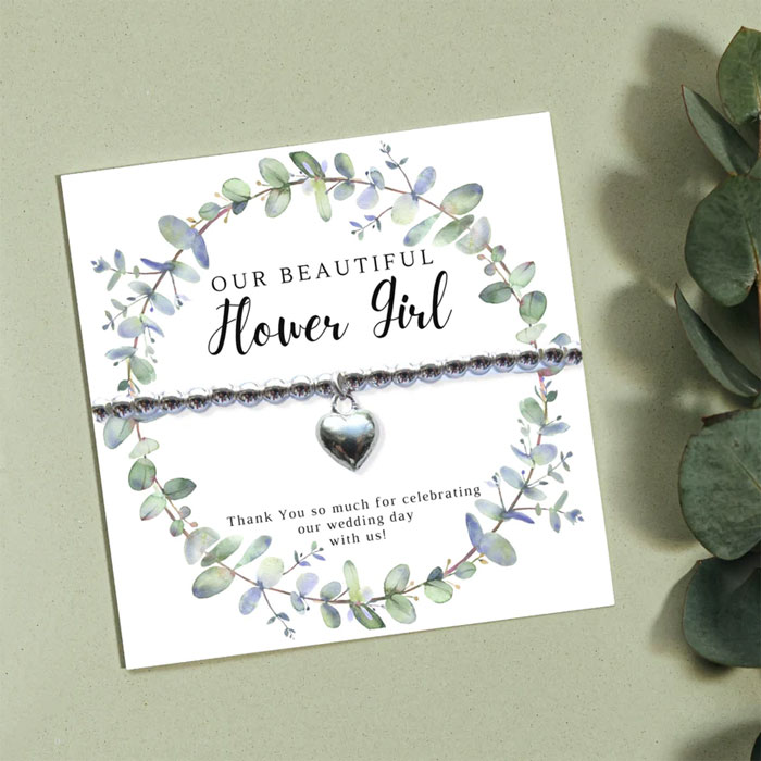 Flower Girl Heart Bracelet and Eucalyptus Thank You Card