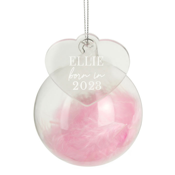 Personalised Baby Pink Feather Glass Bauble With Heart Tag