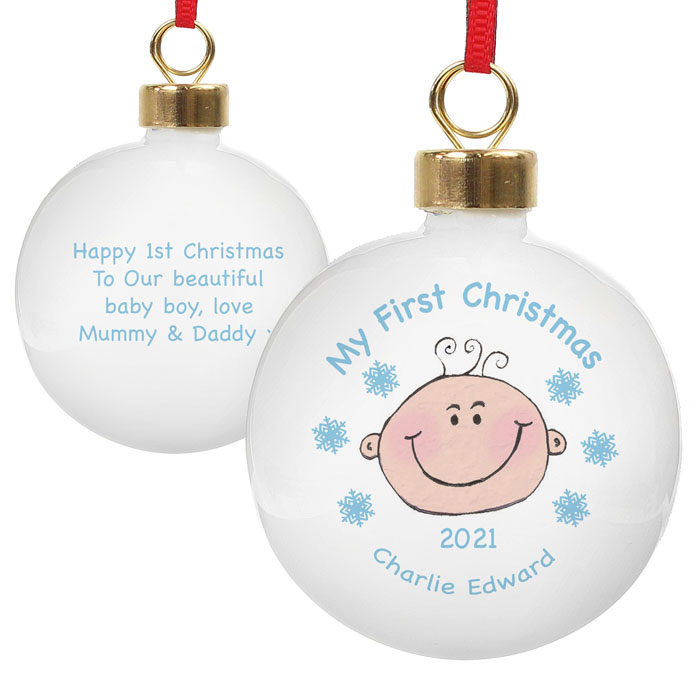 Boys My 1st Christmas Cheeky Face Personalised Bauble Blue