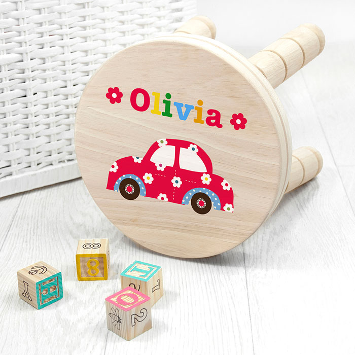 Girls Personalised Red Car Wooden Stool