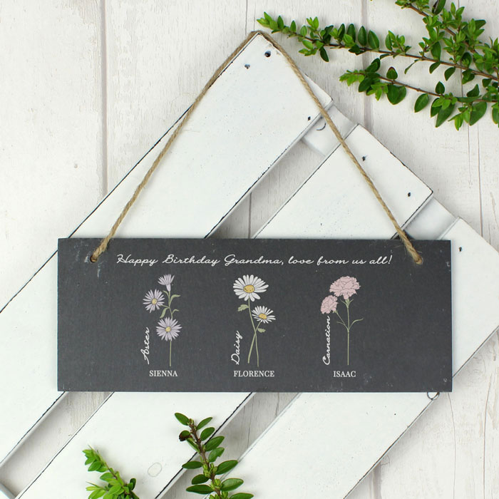 Personalised Flower of the Month Hanging Slate Plaque