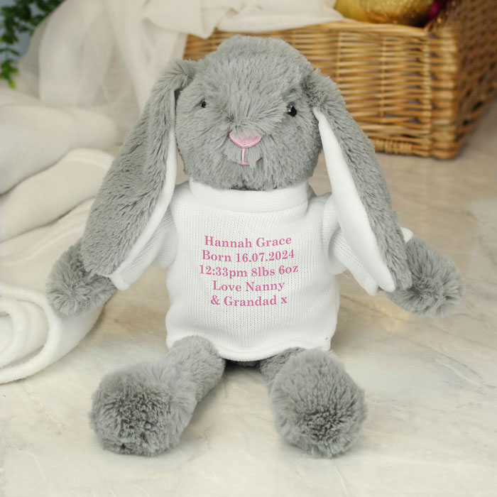 Girls Personalised Message Bunny Rabbit In Jumper Pink