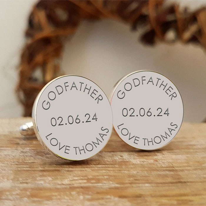 Personalised Godfather Silver Finish Round Cufflinks