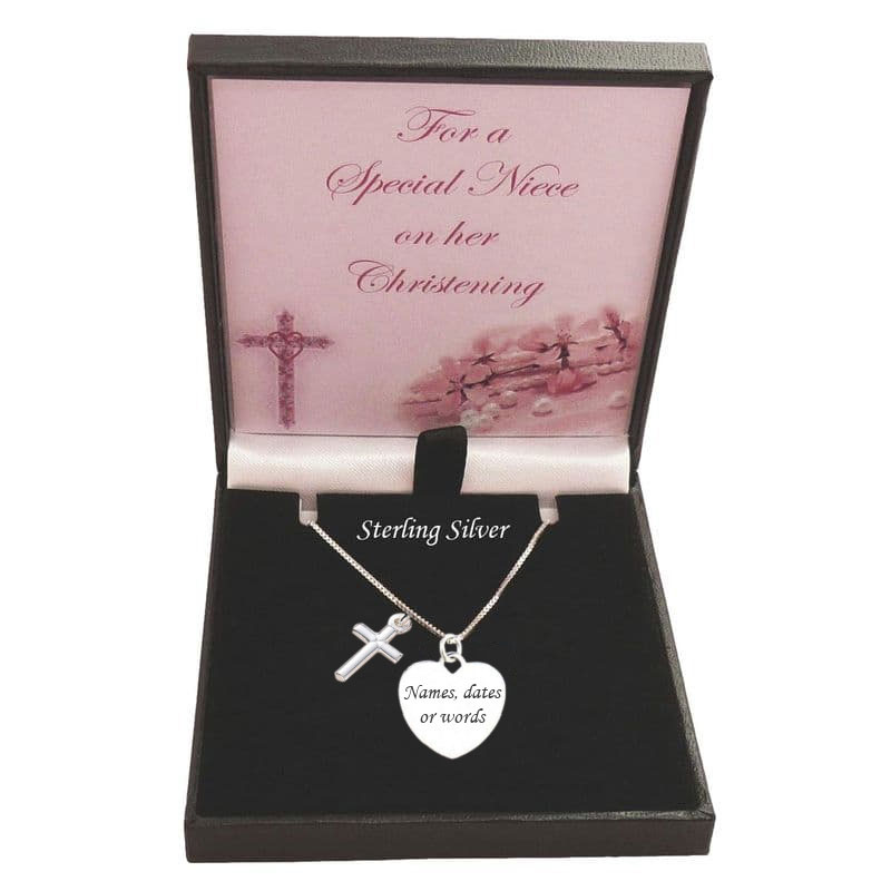 Engraved Silver Christening Day Necklace Heart & Cross