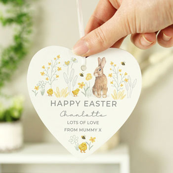 Personalised Spring Bunny Wooden Heart Ornament Decoration