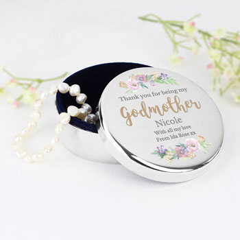 Personalised Godmother Floral Watercolour Round Trinket Box