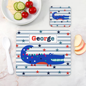 Kid's Personalised Crocodile Placemat & Coaster Set