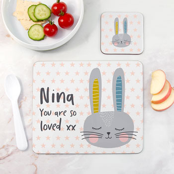 Personalised Kid's Bunny Rabbit Placemat & Coaster Set