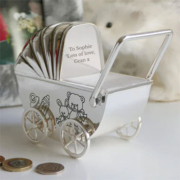 Traditional Personalised Silver Plated Pram Baby's Money Box