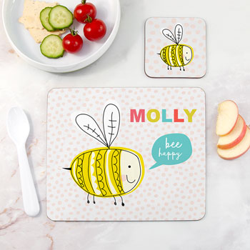 Personalised Kids Bee Happy Placemat & Coaster Set