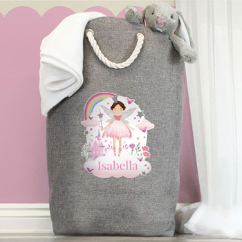 Girl's Personalised Fairy Princess Storage Bag Grey & Pink