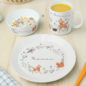 Kid's Personalised Woodland Animals Plastic Breakfast Set