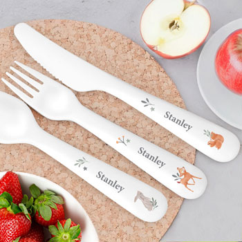 Personalised Woodland Animals Plastic Cutlery Set