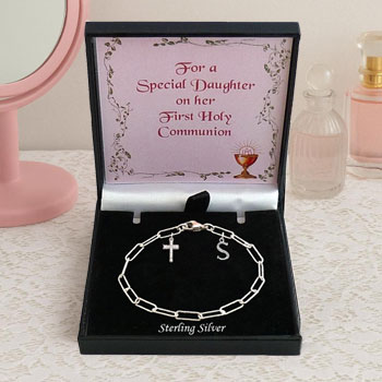 Sterling Silver Paperclip Chain Bracelet Cross & Initial