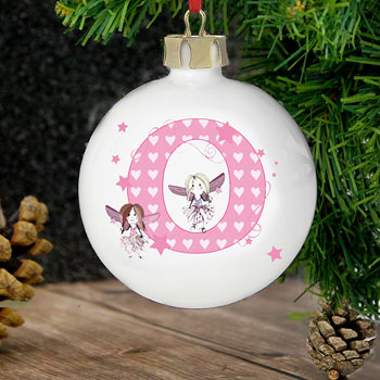 Girl's Pink & White Personalised Fairy Initial Tree Bauble