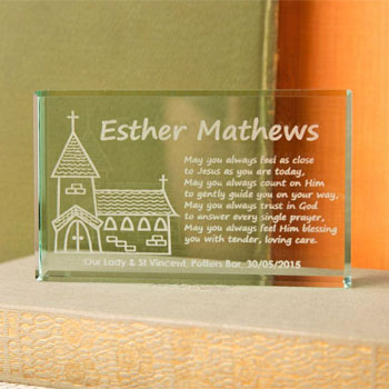 Engraved First Communion Jade Glass Block Church Design